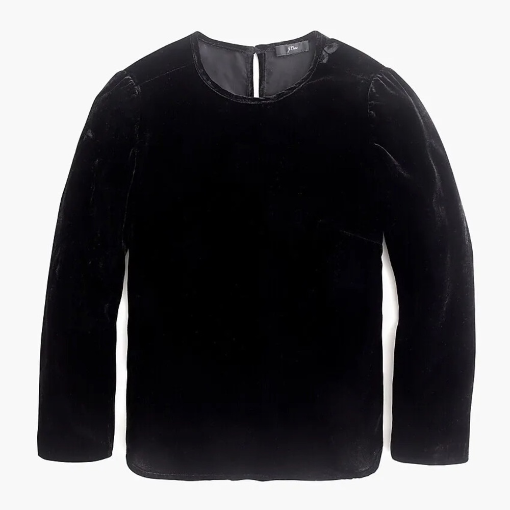 NWOT J Crew Black Velvel Long Puff Sleeve Button Back Top